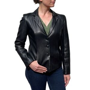 MICHAEL HOBAN NORTH BEACH BLACK LEATHER 90S 3 BUTTON NOTCH COLLAR BLAZER JACKET